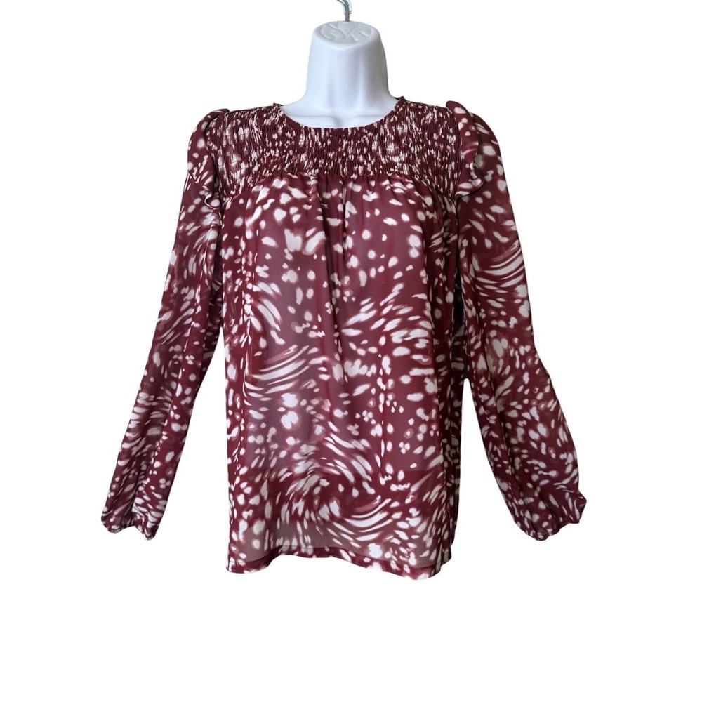 Maje Lipone Smocked Swirling Print Top Red White Blouse Womens Size 1 Small‎